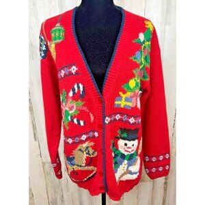 Vintage Crystal Kobe Hand Knit Cotton Ugly Christmas Cardigan Sweater Size Large
